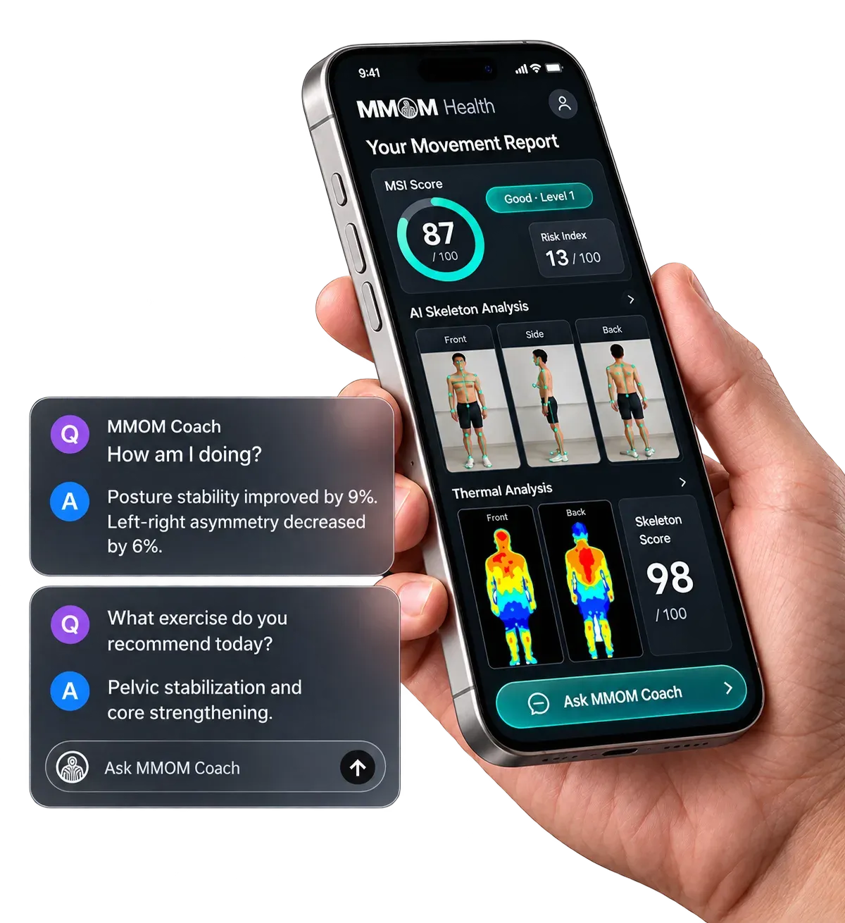 MMOM Health 앱의 움직임 리포트 화면과 MMOM Coach 대화