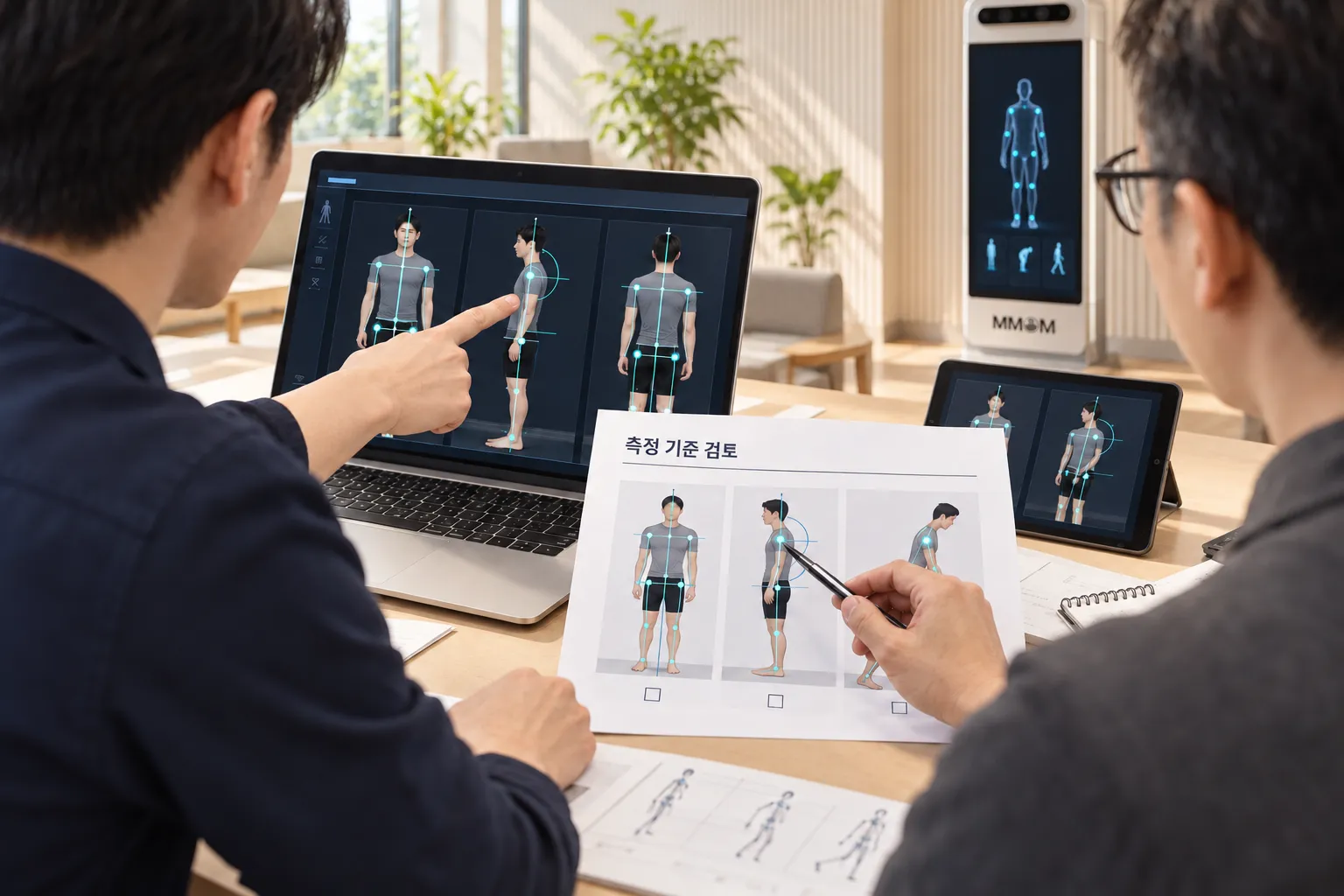 Illustrative scene of two people reviewing posture analysis on a laptop alongside printed measurement criteria